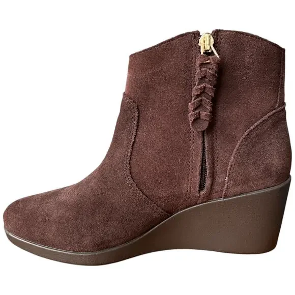 CROCS Leigh Womens 7 Espresso Suede Ankle Boots Wedge Heels Bootie Side Zip - Picture 9 of 13